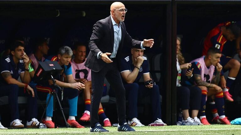 Spaniens Nationaltrainer Luis de la Fuente jubelt am Spielfeldrand bei der Weltmeisterschaft