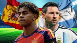 Lionel Messi und Unai Simón stehen sich fiktiv vor dem WM-Pokal gegenüber
