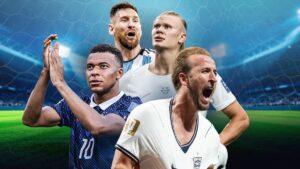 Collage der Fußballspieler Kylian Mbappé, Lionel Messi, Erling Haaland und Harry Kane im WM-Trikot