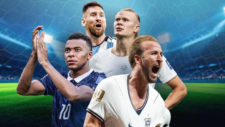 Collage der Fußballspieler Kylian Mbappé, Lionel Messi, Erling Haaland und Harry Kane im WM-Trikot