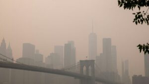 Dichter orangefarbener Rauch über dem MetLife Stadium in New York vor dem WM-Finale zwischen Argentinien und Spanien