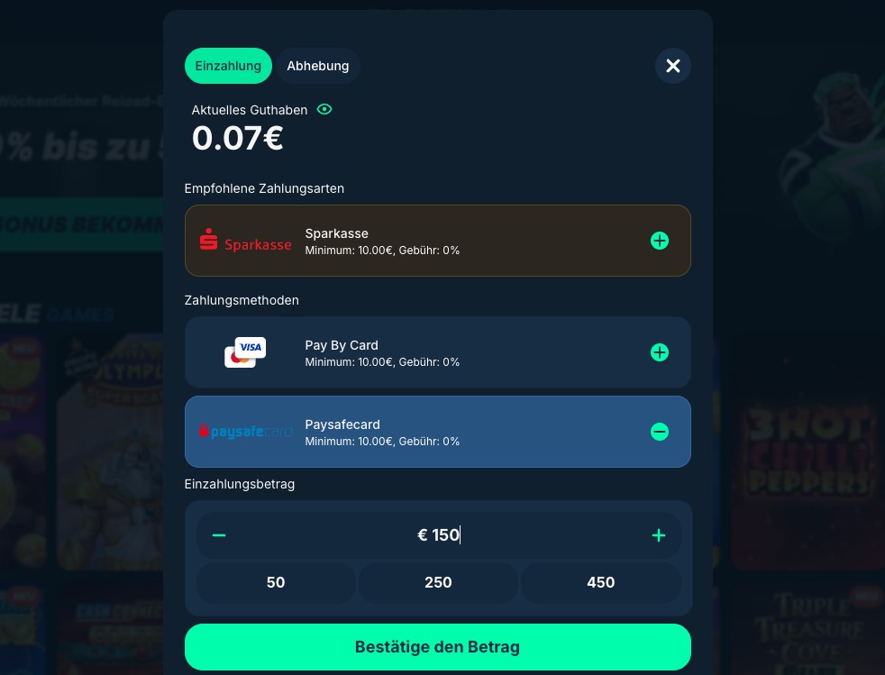 Erster Schritt der Einzahlung mit Paysafecard bei Playzilla
