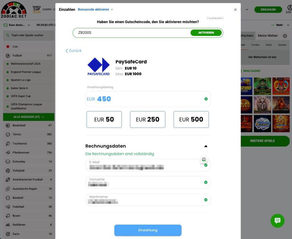 Erster Schritt der Einzahlung mit Paysafecard bei Zodiacbet