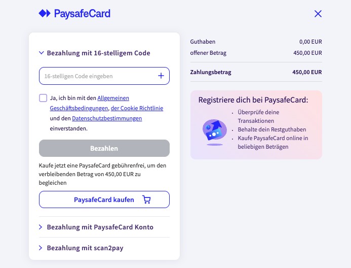 Zweiter Schritt der Einzahlung mit Paysafecard bei ZodiacBet