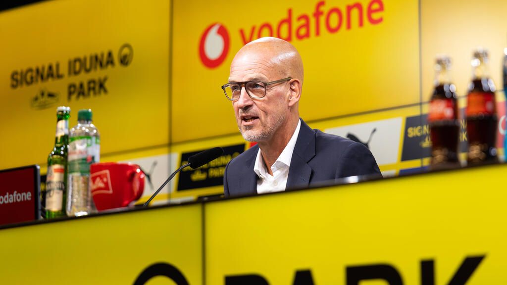 Geschäftsführer Carsten Cramer blickt im Stadion von Borussia Dortmund auf das Spielfeld