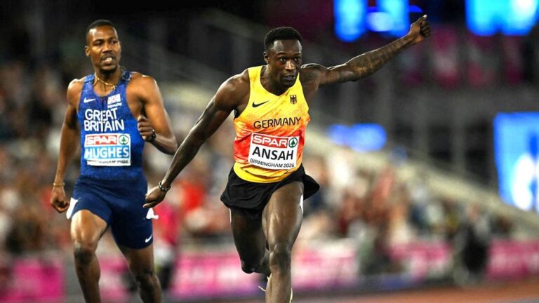 Leichtathlet Owen Ansah beim Jubel nach seinem Sieg im 200-Meter-Finale bei der Europameisterschaft