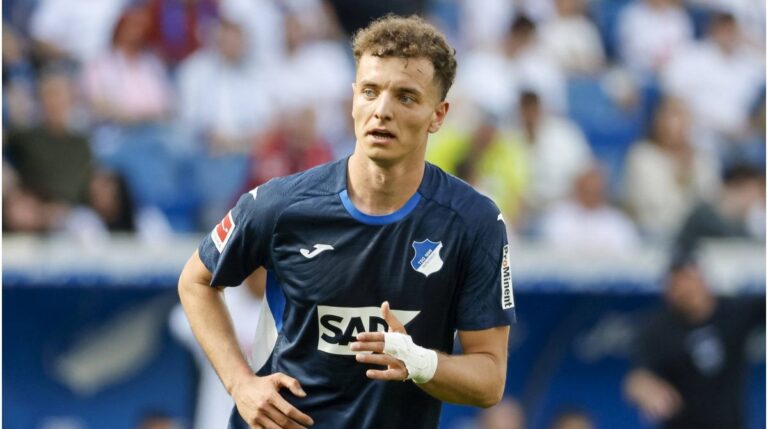 Fisnik Asllani im Trikot der TSG Hoffenheim jubelt gestenreich auf dem Spielfeld.