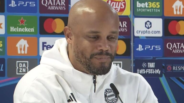 Trainer Vincent Kompany vom FC Bayern München gestikuliert engagiert an der Seitenlinie