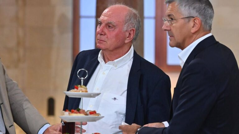 Uli Hoeneß gestikuliert und schaut ernst auf der Tribüne bei einem Spiel des FC Bayern München