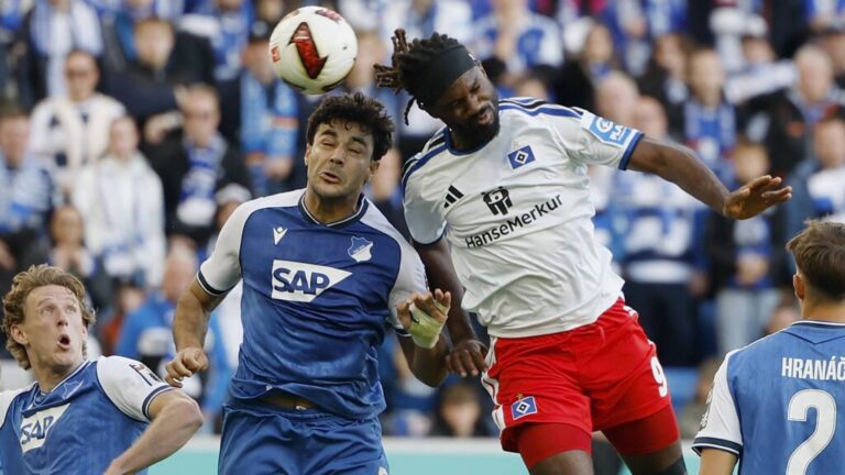 Spieler des Hamburger SV jubeln über den späten Siegtreffer im Bundesligaspiel gegen die TSG Hoffenheim.