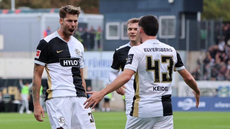 Spieler der SV Elversberg bejubeln ein Tor im Spiel gegen den FC Augsburg